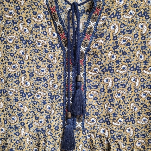 Alchemy Thread Tan And Blue Paisley Boho Babydoll Tassel Tie Peasant Blouse Top - Picture 5 of 10